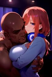 1boy 1girls ai_generated bangs blue_cardigan blue_eyes blurry_background blush breast_press breasts brown_hair closed_mouth clothed_female_nude_male clothing dark-skinned_male dark_skin embracing faceless faceless_male facial_hair female go-toubun_no_hanayome hair_between_eyes headphones headphones_around_neck hug indoors interracial jacket large_breasts long_hair long_sleeves looking_at_viewer male nakano_miku nakatori nude parted_lips red_hair shirt short_hair smile straight upper_body white_shirt