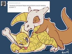 ass ass_grab blush bone breasts claws closed_eyes cubone cum cum_drip cum_inside doggy_style dripping english_text female feral from_behind looking_back male multi_breast nintendo nipples penetration pokemon pokemon_(species) raised_tail saliva saliva_string sandshrew sex skull straight text tongue tongue_out video_games whimsydreams