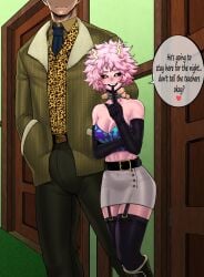 1boy 1girls adult_and_teenager age_difference all_for_one amano44 ashido_mina bare_shoulders belly_button belt bimbo black_elbow_gloves black_legwear black_panties black_sclera blush boku_no_hero_academia bulge choker colored_skin corruption corset covered_navel dilf earrings elbow_gloves english_text finger_to_lips finger_to_mouth garter_belt garter_straps gloves hand_on_neck hero_and_villain hisashi_midoriya horn horns hushing lingerie looking_at_viewer medium_breasts midoriya_hisashi mina_ashido my_hero_academia navel navel_visible_through_clothes older_male_younger_female older_man_and_teenage_girl older_man_and_younger_girl open_mouth penis_bulge pink_hair pink_skin pov pov_eye_contact prostitution schoolgirl see-through see-through_clothing shh short_hair shushing size_difference skirt smile speech_bubble spoken_heart student sugar_daddy teeth thighhighs transparent_clothing tubetop yellow_eyes young_woman_and_dilf