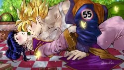 1boy 1girls amartbee artist_signature black_hair blonde_hair blush bra canon_couple chichi dragon_ball dragon_ball_z female foreplay husband_and_wife imminent_sex light-skinned_female light-skinned_male light_skin male neck_kiss open_clothes partially_undressed picnic saiyan son_goku super_saiyan undershirt