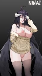 albedo_(overlord) bare_shoulders black_feathers black_hair black_thighhighs black_wings bottomless brown_sweater casual casual_exposure casual_nudity demon_girl demon_horns demon_wings feathered_wings feathers female highres horns long_hair low_horns low_wings ninai nipples no_bra no_panties open_mouth overlord_(maruyama) pussy sweater thighhighs white_horns wings yellow_eyes