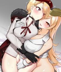 2girls absurdres beret blonde_hair blush breasts censored cleavage dog_tags female_commander_(girls'_frontline) fingering garrison_cap girls'_frontline gloves griffin_&_kryuger_military_uniform hair_between_eyes hat highres jacket large_breasts long_hair long_sleeves m2hb_(girls'_frontline) multiple_girls necktie open_mouth red_eyes shirt smile white_shirt yanagui yuri