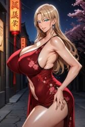 ai_generated bare_legs blonde_hair blue_eyes breasts_bigger_than_head china_dress chinese_clothes curvaceous curvy_female gigantic_breasts huge_breasts kurashiki_reika light-skinned_female light_skin long_hair mature_female milf saimin_seishidou seductive_look seductive_smile shiromi_ai thighs voluptuous voluptuous_female