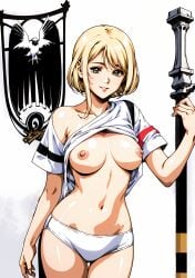 1990s_(style) ai_generated anelise_(milkywayarts) belly belly_button bird blonde_female blonde_hair breasts flag looking_at_viewer medium_breasts milkywayarts nipples original original_character panties pixai short_hair smiling spear urushihara_satoshi_(style) white_background white_clothes white_panties