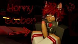 1boy 3d :3 arrow bed blush cat_ears cat_tail catboy crop_top dark_background erection femboy gay grey_sweater multicolored_hair neko-jan penis red_brown_hair roblox robloxian self_upload sillynekojancat socks spiky_hair tagme text thighhighs whiskers