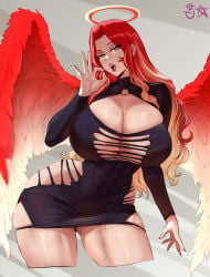 angel angel_wings bellink black_dress cleavage cleavage_cutout dress fellatio_gesture halo hip_vent huge_breasts long_hair looking_at_viewer original pink_eyes red_hair shrug_(clothing) solo thighs two-tone_hair wings