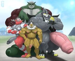 2024 absurd_res anthro anthrofied big_muscles big_penis biped chesnaught digital_drawing_(artwork) digital_media_(artwork) fan_character generation_6_pokemon generation_7_pokemon generation_8_pokemon genitals group hi_res huge_cock hyper hyper_genitalia hyper_penis incineroar legendary_pokemon male male/male muscular muscular_anthro muscular_male nintendo nude nude_anthro nude_male outside penis pokemon pokemon_(species) pokemorph shiny_pokemon signature solard0gg0 standing urshifu