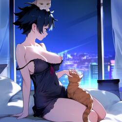 1girls ai_generated city feline indoors kitten large_breasts light_smile looking_away night nightgown nipple_slip novelai on_bed original original_character petting scenery self_upload short_hair sitting somethingweird tagme thick_thighs wardrobe_malfunction wholesome window