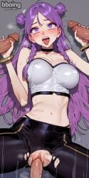 1girls ahe_gao ai_generated bboing_ai black_pants blush braided_hair cleavage clenched_teeth double_bun double_handjob female gangbang grabbing_breasts grabbing_own_breast k/da_kai'sa k/da_series kai'sa large_breasts league_of_legends league_of_legends:_wild_rift multiple_boys narrow_waist navel penis pleasure_face precum purple_eyes purple_hair sex torn_clothes