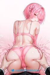 1girl 1girls ai_generated ass blush breasts commentary_request embarrassed female female_focus female_only grabbing_another's_ass hourglass_figure panties pink_bra pink_hair pink_panties ram_(re:zero) re:zero_kara_hajimeru_isekai_seikatsu red_eyes short_hair stockings tattoo twintails very_long_hair wet zelanell