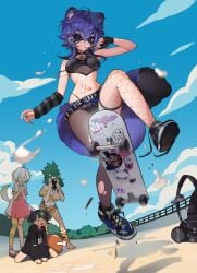 3am animal_ears blue_eyes blue_hair breasts cavewoman character_request coqui_saporana female fully_clothed goes_hard greatodoggo indie_virtual_youtuber laimu light-skinned_female light_skin meat_(vtuber) piercing piercings raccoon_girl skateboard snuffy solo tail virtual_youtuber vtuber