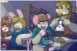 anthro chubby clothes crocodile facial_hair fur furry gay geek happy_trail lagomorph male mouse neckbeard nerd nervous no_humans penis rabbit reptile rodent scalie size_difference tanuki wanikami