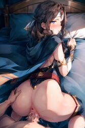 1boy 1girls ai_generated ass ass_grab blue_eyes blush brown_hair cape clothed dota_2 from_behind mirana on_bed pov pov_eye_contact protopolemic stable_diffusion straight vaginal_penetration