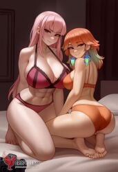 2d 2girls abs ai_generated all_fours ass barefoot big_ass big_breasts bra breasts completely erophoenix feet female female_focus hololive hololive_english hololive_myth jewelry kissing kneeling large_breasts long_hair mori_calliope multiple_girls naked nipples nude orange_hair pale_skinned_female panties patreon_username pink_eyes pink_hair pussy side_braid soles sweat sweating takanashi_kiara take_your_pick thick_thighs thighs toes underwear virtual_youtuber yuri