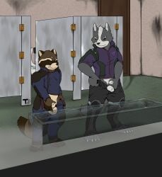 animal_genitalia anthro ball bathroom canid canine canis clothing comparing duo genitals guardians_of_the_galaxy hi_res male male/male mammal marvel nintendo procyonid public_restroom raccoon rocket_raccoon sheath smile standing star_fox tokon_(artist) wolf wolf_o'donnell
