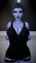 1girls 3d 4k big_breasts black_lipstick black_makeup blue_hair blue_skin breasts crashbanditkut ear_piercing eyeshadow female female_focus hair hi_res high_resolution highres lips lipstick looking_at_viewer makeup medium_hair overwatch overwatch_2 piercing ponytail qos qos_tattoo queen_of_spades queen_of_spades_symbol queen_of_spades_tattoo shorts solo spade_tattoo video_game_character video_games virt-a-mate virtamate widowmaker