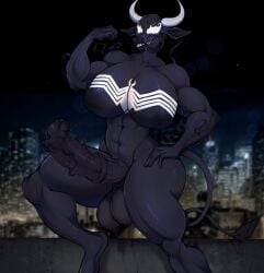 animal_genitalia animal_penis anthro balls big_balls big_penis black_balls black_body black_nipples black_penis black_tongue bovid bovine cattle empty_eyes equine_genitalia equine_penis erection front_view genitals gynomorph hand_on_hip hi_res horn huge_balls huge_cock intersex mammal markings marvel muscular muscular_anthro muscular_gynomorph muscular_intersex night nipples nude outside penis pose smogville solo standing tail tail_tuft tongue tongue_out tuft venom_(marvel) white_horn white_markings