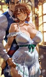 1boy1girl ai_generated bigbizarts curvy_female date_night from_behind holding_partner intimacy light-skinned_female light-skinned_male looking_at_another muscular_male original_character seductive