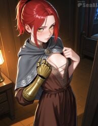 1girls ai_generated blush cleavage closed_mouth cowboy_shot dress elden_ring fromsoftware indoors looking_at_viewer millicent_(elden_ring) seacreator small_breasts standing undressing