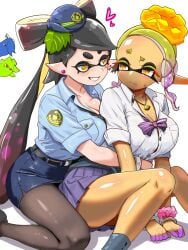 4girls belt black_footwear black_pantyhose black_socks blush bow breast_squish breasts button_gap callie_(splatoon) cleavage earrings female frye_(splatoon) handcuffed handcuffs inkling inkling_girl large_breasts long_hair marie_(splatoon) mole mole_under_eye nintendo pantyhose pencil_skirt pointy_ears police police_uniform policewoman school_uniform shiver_(splatoon) simple_background skirt socks splatoon splatoon_3 sweat sweater_around_waist t2ukmyjm tentacle_hair two_tone_hair white_background yuri