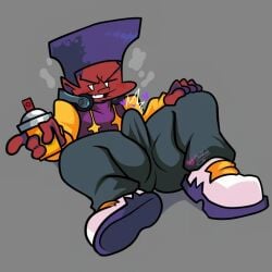 1boy 1boys biting_lip biting_own_lip black_pants boner bulge bulge_focus bulge_through_clothing dark-skinned_male dark_skin dark_skinned darnell_(newgrounds) erect_penis erection friday_night_funkin gay grey_background grey_pants hexdoodz looking_at_viewer male male_only presenting_bulge purple_hoodie simple_background solo spray_can tagme