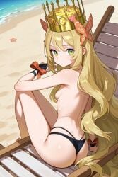 ai_generated ass back bare_shoulders beach beach_chair bikini bikini_bottom_only black_bikini blonde_hair bow breasts bridal_gauntlets butterfly_hair_ornament celine_(fire_emblem) chair closed_mouth crown day female fire_emblem flower from_behind green_eyes hair_censor hair_ornament hair_over_breasts knees_up long_hair looking_at_viewer looking_back lounge_chair ocean on_chair outdoors princess sand sideboob sitting small_breasts solo starfish string_bikini swimsuit thighs topless very_long_hair water wavy_hair wrist_bow wrist_ribbon