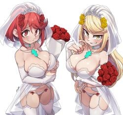 2girls female huge_breasts laz_gm looking_at_viewer mythra pov pyra tagme wedding_dress wedding_veil xenoblade_(series) xenoblade_chronicles_2