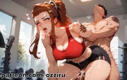 1boy 1boy1girl absurd_res ai_generated bent_over blizzard_entertainment brigitte brown_eyes brown_hair cum cum_inside doggy_style female gym gym_clothes hi_res highres male male/female muscles muscular muscular_female overwatch overwatch_2 ozziru patreon ponytail revealing_clothes rough_sex self_upload sex straight uncensored