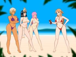 4girls anoneysnufftan arrest beach bikini black_hair blonde_hair blue_eyes blurry_background blush blush_lines confrontation dark-skinned_female female flare_arlgrande_jioral gyaru hajimete_no_gal hawaiian_tropic headdress killer_lotion long_hair lotion lotion_bottle menace peril pink_hair queen's_blade ranko_honjou redo_of_healer sand seaside short_hair sinfulline standing summer sunscreen swimsuit sword_art_online yuuki_asuna