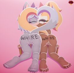 2girls anal anthro anthro_only anus artist_signature ass big_ass blush body_writing closed_eyes english_text eyelashes eyeliner eyeshadow female female_only furry furry_only heart hi_res idw_comics idw_publishing kissing ladybomber ladycherrybomba long_hair makeup medium_hair naked nude on_all_fours original_character ponytail presenting presenting_anus presenting_ass presenting_hindquarters presenting_pussy pussy sega short_hair simple_background sonic_(series) sonic_the_hedgehog_(comics) sonic_the_hedgehog_(idw) sonic_the_hedgehog_(series) table tail tail_heart tails_touching text whisper_the_wolf wolf yuri