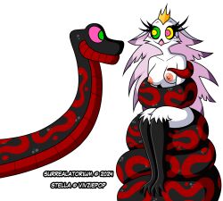 2024 absurd_res alpha_channel animated anthro avian avian_demon beak black_body black_legs black_scales breasts coiling_around_body crimson_the_snake crown demon duo eye_contact eyelashes feather_hair feathers female feral headgear hellaverse helluva_boss hi_res hypnosis hypnotic_eyes long_eyelashes long_hair looking_at_another male male/female markings mind_control nipples nude pink_beak pink_feather_hair pseudo_hair red_body red_markings red_scales reptile restrained_arms ringed_eyes scales scalie simple_background smile snake stella_(helluva_boss) surrealatorium thick_thighs transparent_background white_body white_feathers