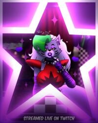 2025 2d 2d_(artwork) 2d_artwork animatronic animatronic_female anthro anthro_female artist_logo artist_name beanontoast big_breasts clothes clothes_on collar five_nights_at_freddy's five_nights_at_freddy's:_security_breach furry furry_female green_hair grey_fur grey_hair mirror robot robot_girl robot_joints roxanne_wolf_(fnaf) spiked_collar thick_thighs wolf wolf_ears wolf_girl