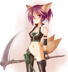 breasts color covered_breasts female purple_eyes purple_hair scythe solo trickster trickster_online vulva weapon