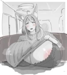 1girls areolae fox_ears huge_breasts kitsune looking_at_viewer nipples sweater tagme voluptuous