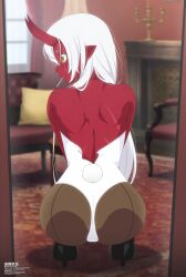 akumi artist_name ass back bare_shoulders blurry blurry_background blurry_foreground bunnysuit demon_girl depth_of_field female high_heels horns indoors leotard long_hair looking_at_viewer looking_back page_number pointy_ears red_skin solo strapless tail vyugen white_hair yellow_eyes