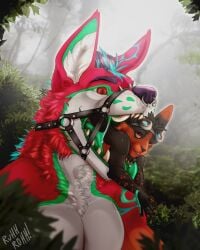 absurd_res anthro anthro_pred belly big_belly black_body black_fur bodily_fluids colored_mouth dripping eyewear eyewear_on_head facial_piercing fangs fluffy forest forest_background fur glistening glowing_insides goggles goggles_on_head gradient_fur green_pawpads gremlin harness hi_res hyena imminent_vore larger_male larger_pred magenta_body magenta_fur male male_pred male_prey mammal markings nature nature_background nose_piercing open_mouth oral_vore orange_body orange_eyes orange_fur pawpads piercing plant pupils retro_(mythdawuff) ruhh-roh saliva saliva_on_tongue saliva_string size_difference slit_pupils synthwave teal_body teal_fur teeth throat tongue tongue_out tongue_piercing tree vore white_body white_fur