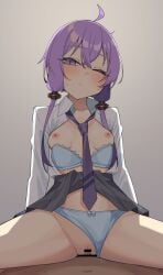 1boy absurdres ahoge bar_censor blue_bra blue_panties bra bra_pull breasts censored clothed_sex clothes_lift clothes_pull clothing_aside cowgirl_position female gukr4322 highres medium_breasts necktie one_eye_closed open_clothes open_shirt panties panties_aside purple_eyes purple_hair school_uniform short_hair_with_long_locks skirt skirt_lift straddling sweat underwear voiceroid yuzuki_yukari