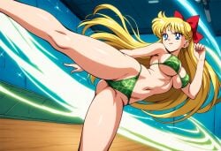 1girls ai_generated alluring bare_legs big_breasts bikini bishoujo_senshi_sailor_moon blonde_hair blue_eyes cathouse_(artist) female kick kicking minako_aino sailor_venus under_boob