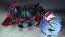 2d 2d_(artwork) arms_behind_back ayanami_rei blue_hair bondage bondage bound drawfagmona female female_focus female_only femsub gag gagged gagged_female human human_only latex light-skinned_female light_skin looking_at_viewer neon_genesis_evangelion on_floor red_eyes rei_ayanami tape tape_gag taped_mouth