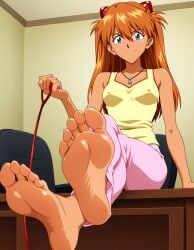 1girls ai_generated alpha_female asuka_langley_sohryu barefoot blue_eyes bondage crossed_legs dominant dominant_female erect_nipples feet female femdom foot_fetish foot_focus happy humiliation leash legs long_hair looking_at_viewer mistress neon_genesis_evangelion orange_hair pink_pants sitting sitting_on_table smile smiling_at_viewer smug smug_smile soles tan_body tan_skin tank_top tanned tanned_female tanned_girl teasing toes tsundere yellow_tank_top