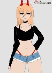 blonde_hair chainsaw_man choker dcreature666 hairy hairy_pussy horns looking_at_viewer minishorts power_(chainsaw_man) shirt thong