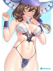 1girls alternate_costume belly big_breasts brown_hair etchimune female genshin_impact green_eyes lisa_(genshin_impact) solo solo_female tagme underwear witch_hat