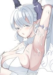 absurdres arm_up armlet armpit_focus armpits blush breasts cleavage closed_mouth collarbone cum cum_on_armpits cum_on_body demon_girl demon_horns demon_wings detached_collar dress drill_hair duel_monster earrings female fuheho0706 grey_eyes hair_between_eyes heart heart_earrings highres horns jewelry labrynth_of_the_silver_castle large_breasts looking_at_viewer lovely_labrynth_of_the_silver_castle pointy_ears presenting_armpit short_hair sideboob simple_background smile solo spiked_armlet sweat sweaty_armpits transparent_wings twin_drills white_background white_dress white_hair wings yu-gi-oh!