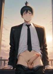 1boy ai_generated balls blush boner chainsaw_man cock dark_hair dick erect_penis erection gay hayakawa_aki looking_at_viewer male penis penis_out pubic_hair solo solo_male suit tagme testicles
