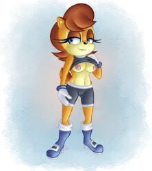 2021 anthro archie_comics areola bedroom_eyes boots bottomwear breasts chipmunk clothing digital_media_(artwork) exposed_breasts female footwear fur gloves ground_squirrel handwear hot-shelter mammal narrowed_eyes nipples orange_body orange_fur pink_areola pink_nipples red_hair rodent sally_acorn sciurid seductive sega shirt_pulled_up short_hair shorts solo sonic_(series) sonic_the_hedgehog_(archie) sonic_the_hedgehog_(comics) sonic_the_hedgehog_(series) tail