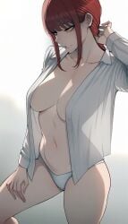 1girls ai_generated chainsaw_man makima_(chainsaw_man) no_bra open_shirt panties red_hair shirt shirt_and_panties solo white_panties white_shirt yellow_eyes zloimakak