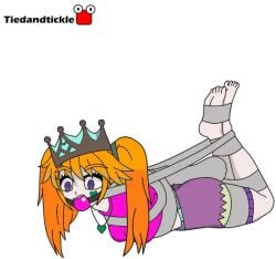 ball_gag barefoot bondage bondage bondage_girl deviantart fanart fully_clothed gacha_oc hogtie hogtied justnickete99 nickete oc orange_hair original_character pink_gag purple_eyes tape tape_bondage taped taped_arms taped_legs tiedandtickled