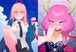 2girls ai_generated aura_(sousou_no_frieren) bare_legs bare_shoulders barefoot blonde_hair blue_eyes blush chainsaw_man cleavage collar color day defeated demon demon_girl demon_horns dominant dominant_female domination drool drooling duo embarrassed embarrassed_female evil_grin eyebrows_visible_through_hair facing_viewer feet feet_on_face female female_only femdom femsub fully_clothed grin hair_over_shoulder hi_res highres holding_leash holding_object horn horns izacru0 kneeling landscape leash leash_and_collar leash_pull long_hair looking_at_another looking_at_partner looking_at_viewer looking_down looking_up medium_breasts multiple_girls multiple_views navel navel_cutout off_shoulder on_floor on_ground on_knees open_mouth outdoors pink_hair pov pov_eye_contact power_(chainsaw_man) public public_exposure public_indecency questionable_consent raised_eyebrows red_collar red_horns saliva saliva_trail shirt slave slavegirl smile smirk sousou_no_frieren split_screen standing stepped_on submissive submissive_female tie tongue very_high_resolution yellow_eyes yuri