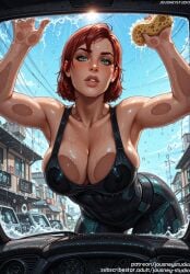 against_glass ai_generated areolae armpits bangs bare_shoulders bent_over black_bodysuit blue_sky blush bodysuit breast_press breasts breasts_on_glass building car city cleavage clothing cloud commander_shepard covered_erect_nipples covered_navel day english_language english_text erect_nipples erect_nipples_under_clothes female female female_only femshep freckles green_eyes ground_vehicle huge_breasts jane_shepard jousneystudio large_breasts leaning_forward lips looking_at_viewer makeup mass_effect mass_effect_(series) motor_vehicle navel nipples nose one-piece_swimsuit original outdoors parted_lips pool red_hair short_hair skin_tight sky smile solo sponge sweat swimsuit thick_eyebrows thighs vehicle wardrobe_malfunction water water_drop wet wet_clothes