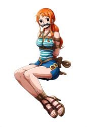 ai_generated artist_request bondage clothing female female_focus female_only gag gagged gagged_female light-skinned_female light_skin looking_at_viewer nami_(one_piece) one_piece orange_hair rope rope_between_breasts rope_bondage sandals shibari_bondage shibari_over_clothes